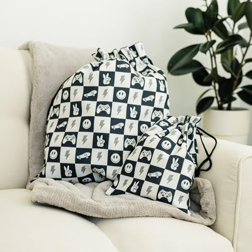 Gather & Knot Drawstring Gift Bags | 20" Large 12" Small | Premium Canvas | Reusable Fabric Wrap for Boy Birthday | Happy Smiley Face | Skateboard - color: Skateboard