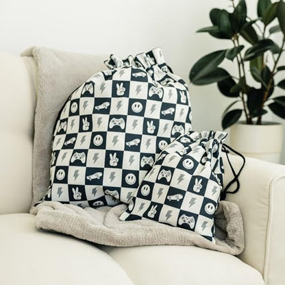 Gather & Knot Drawstring Gift Bags | 20" Large 12" Small | Premium Canvas | Reusable Fabric Wrap for Boy Birthday | Happy Smiley Face | Skateboard - color: Skateboard