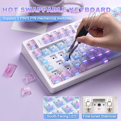 N75 V2 Mechanical Keyboard,75% Layout with Knob,2.4GHz/BT/Wired Tri-Mode Wireless Keyboard, Gasket Hot Swappable Gaming Keyboard,Linear Switches, RGB Backlit for Win & Mac (Pink-Blue Gradient) - color: Pink-Blue Gradient, size: Glacier Pro Switche
