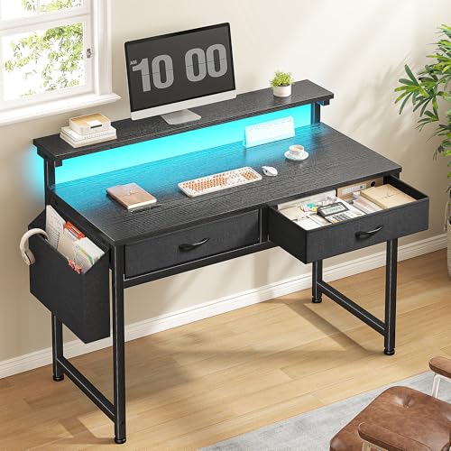 DurayLoly 31Inch Office Computer Desk with LED Lights & 2 Fabric Drawers, Gaming Desk with Side Pocket & Ergonomic Monitor Stand, Small Space Study Writing Table with Anti-Tip Design,Black - color: Black, size: 31.0 Inch