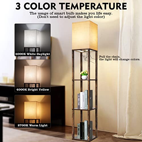 RUNTOP Floor Lamp with Shelves, Modern Shelf Lamp for Display Storage, 3 Color Temperature Wood Narrow Standing Corner Lamp with 8W Bulb for Living Room Decor, Bedroom, Office, Home Decor(Brown) - color: Rustic Brown