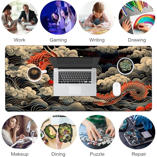 Desk Pad, Japanese Wave and Red Dragon Auspicious Clouds XL Gaming Mouse Pad with Stitched Edges,Non-Slip Waterproof Rubber Base Large Desk Mat for Keyboard and Mouse 31.5"x11.8" - color: Colour5, size: X-Large