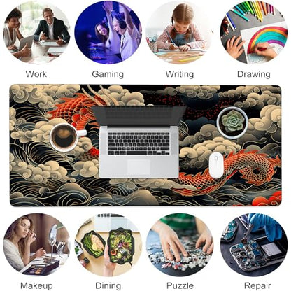 Desk Pad, Japanese Wave and Red Dragon Auspicious Clouds XL Gaming Mouse Pad with Stitched Edges,Non-Slip Waterproof Rubber Base Large Desk Mat for Keyboard and Mouse 31.5"x11.8" - color: Colour5, size: X-Large
