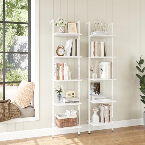ELYKEN Ladder Shelf, White 5-Tier Wood Wall Mounted Bookshelf with Metal Frame, Modern Open Display Organizer Rack, Leaning Storage Shelves for Living Room, Bedroom, Home Office - color: White