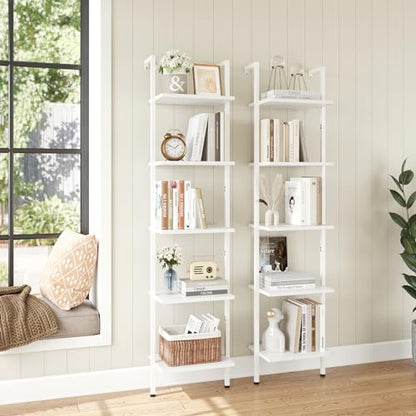 ELYKEN Ladder Shelf, White 5-Tier Wood Wall Mounted Bookshelf with Metal Frame, Modern Open Display Organizer Rack, Leaning Storage Shelves for Living Room, Bedroom, Home Office - color: White