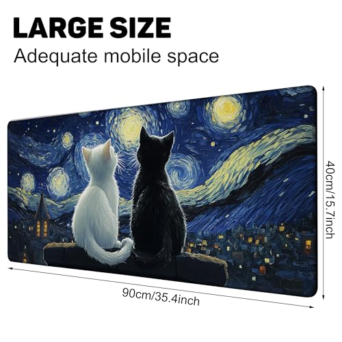 Black Cat and White Cat Look Starry Sky Gaming Mouse Pad with Stitched Edges Non-Slip Rubber Base Mouse Pad for Office,Computer,Keyboard,Laptop and Home Desk,35.4 x 15.7 Inch - color: Black Cat and White Cat Look Starry Sky, size: 15.7*35.4inch