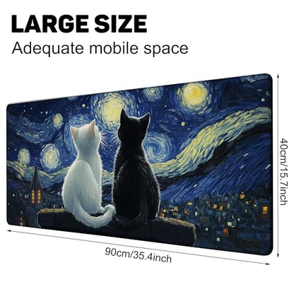 Black Cat and White Cat Look Starry Sky Gaming Mouse Pad with Stitched Edges Non-Slip Rubber Base Mouse Pad for Office,Computer,Keyboard,Laptop and Home Desk,35.4 x 15.7 Inch - color: Black Cat and White Cat Look Starry Sky, size: 15.7*35.4inch