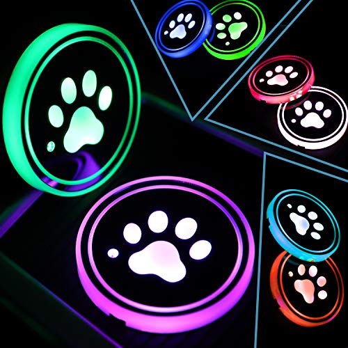 ACODABLEM 2 Pack LED Cup Holder Lights, Dog Paw Car Coaster with 7 Colors Changing USB Charging Mat, Luminescent Cup Pad Interior Atmosphere Lamp Decoration Light (Multi) - color: Multicolor Paw