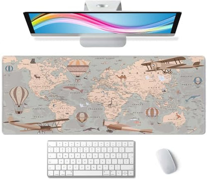 Mouse Pad Gaming, Large Mouse Pads, Non-Slip Rubber Base Mousepad, Keyboard Mouse Mat Desk Pad with Stitched Edges, 31.5x11.8 inch Retro World Map with Balloons and Animals - color: Retro World Map With Balloons and Animals
