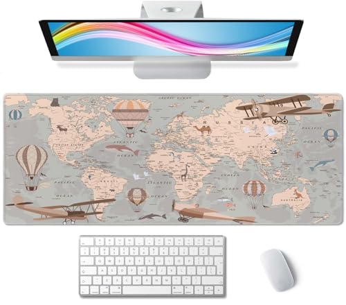 Mouse Pad Gaming, Large Mouse Pads, Non-Slip Rubber Base Mousepad, Keyboard Mouse Mat Desk Pad with Stitched Edges, 31.5x11.8 inch Retro World Map with Balloons and Animals - color: Retro World Map With Balloons and Animals