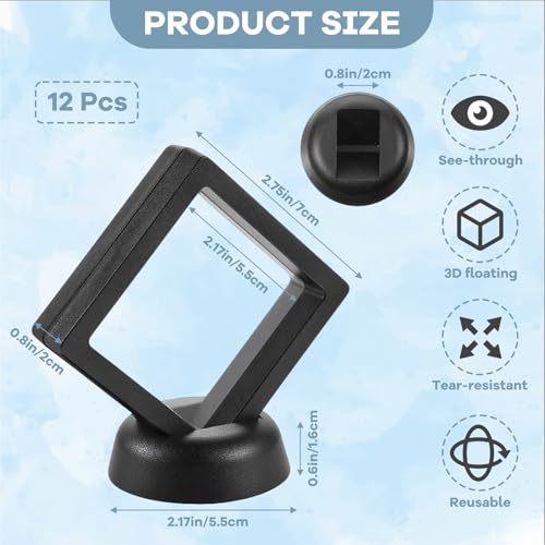12Pcs 3D Floating Display Case Jewelry Storage Box, 2.7in Black | Clear Film, Plastic Frame, Challenge Coin Holder, For Shark Tooth Fossil Rock Gem Shell Butterfly Specimen - size: 2.7×2.7×0.8 inches