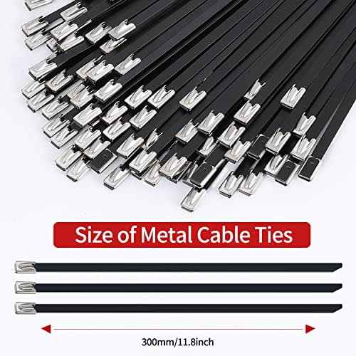 Metal Zip Ties black 100pcs 11.8 inch 304Stainless steel Epoxy Coated Cable Tie Multi-purpose Self-locking Cable Ties used for machinery, vehicles, farms, cables, pipesas well as Outdoor binding