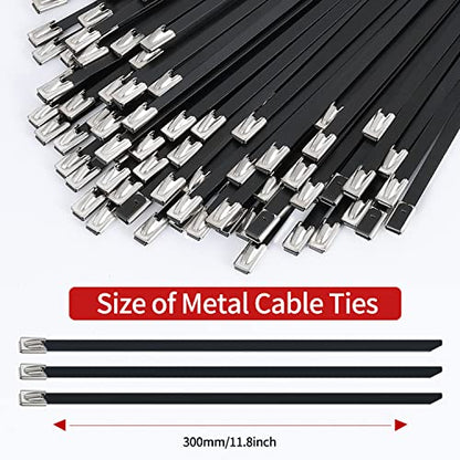 Metal Zip Ties black 100pcs 11.8 inch 304Stainless steel Epoxy Coated Cable Tie Multi-purpose Self-locking Cable Ties used for machinery, vehicles, farms, cables, pipesas well as Outdoor binding