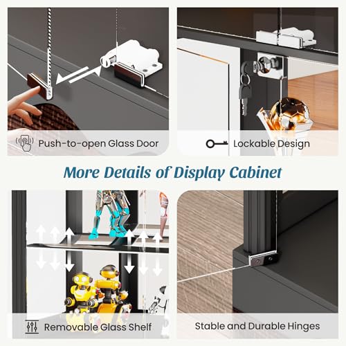 Dystler Display Cabinet with RGB LED Lights & Glass Doors, 5-Tier, Black | Human Sensor Lighting, Flexible Storage with Adjustable Shelves, Modern Design Curio Cabinet - color: Pure Black