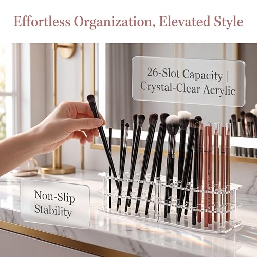 3 Pack Acrylic Pen Holder, 26-Slot Clear Pencil Display Stand, Eyebrow Pen Stands, Makeup Brush Rack Organizer, Art Brush Desk Stand Organizer for Home, Store, School Office Supplies
