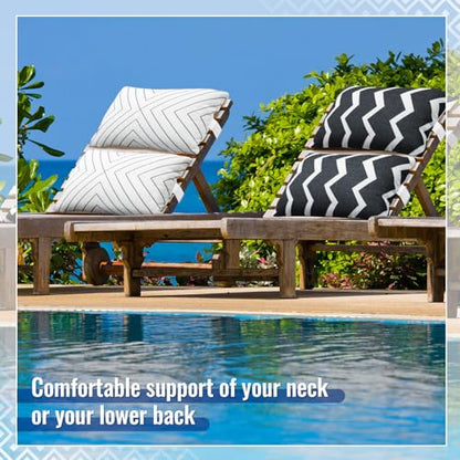 Juexica 2 Pack Chaise Lounge Pillow with Strap Outdoor Waterproof Beach Chair Neck Headrest Pillow Adjustable Elastic Band for Hammock Lumbar Recliner Pillows for Patio Pool Chair(Classic Black White) - style: Classic Black White