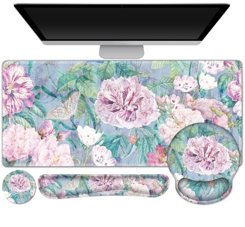 ARTSO Large Mouse Pad and Keyboard Wrist Rest, Desk Pad for Keyboard and Mouse, 4in1 Large Gaming Mouse Pad with Wrist Support, Desk Mat for Home Office Game, Retro Flowers - color: Retro Flowers