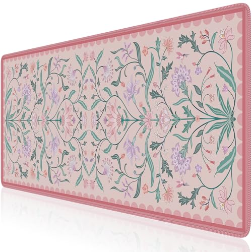 HAOCOO Pink Desk Mat, Aesthetic Flower Mouse Pad, 35.4" x 15.7" Computer Mat, Keyboard Pad Dorm Decor, Non-Slip Mouse Pad for Laptop with Stitched Edges, Home Office Desk Protector - color: Dusty Pink
