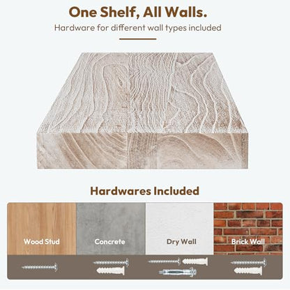 Flat Edge Elm Wood Floating Shelf with Invisible Bracket 24”Weathered White - color: Weathered White, size: 24”,set of 2