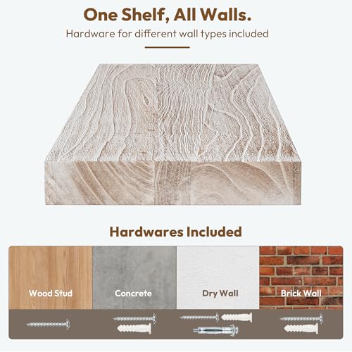 Flat Edge Elm Wood Floating Shelf with Invisible Bracket 36”Weathered White - color: Weathered White, size: 36”,set of 2