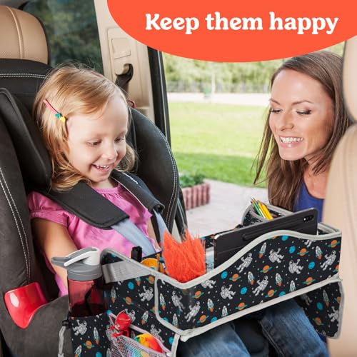 PILLANI Kids Travel Tray for Car - Car Seat Tray for Toddler, Roadtrip Essentials, Carseat Table Tray for Kids Road Trip Activities - Toddler Lap Desk Organizer for Airplane w/Dry Erase Surface - color: Space