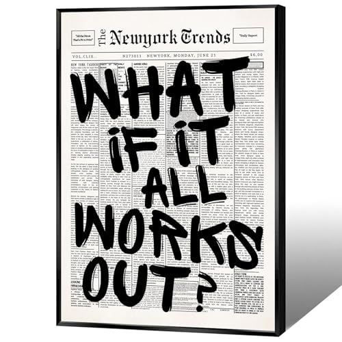 Black Framed Retro Black And White New York Newspaper Canvas Posters What If It All Works Out Wall Art Positive Affirmations Quote Prints Painting For Living Room Bedroom Wall Decor 16x24in - color: Multi 01, size: 16"L x 24"W, style: Black Framed