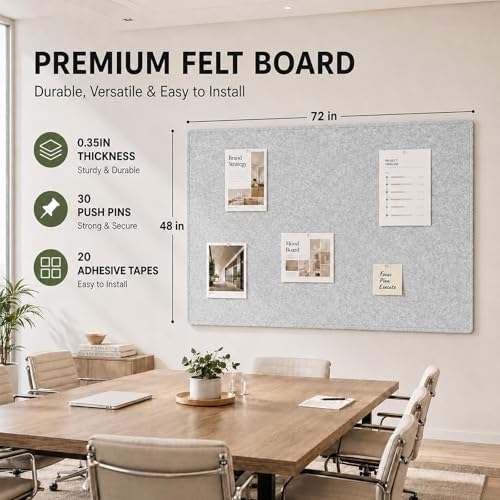 Large Felt Bulletin Board for Wall, Foldable Pin Board, 72" x 48" | Cork Board Alternative for Office, Home Planning, Notes, Photos & Wall Decor, Easy Install - color: Light Grey, size: 72" x 48"
