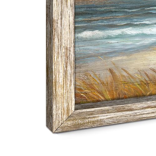 Beach Framed Wooden Wall Art: Sunset Ocean Wave Painting Print Relaxing Coastal Theme Picture Sea Grass Rocky Seascape Artwork Decor for Living Room Bedroom Office - color: Beach 04, size: 56"L x 27"W