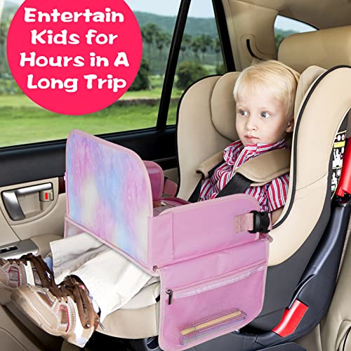 MENZOKE Kids Travel Tray, Car Seat Table Tray, Road Trip Essentials with Educational Drawing Board, Tablet Holder & Cooler Cup Holder, Travel Table for Kids Gifts in Car, Airplane, Multicoloured - color: Magic Pink