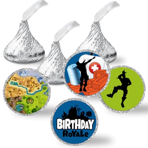 Fort Battle Video Gaming Theme Birthday Party Kiss 300 Sticker Labels 0.75" Circle for Chocolate Drop Kisses, Kids Party Stationery Set, Envelope Seals & Goodie Bags, Made in USA by Amanda Creation