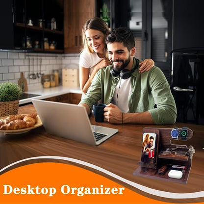 VEIYAILU Gifts for Men Women Brother Boss Boyfriend Him Nightstand Organizer Gifts for Dad from Daughter Son Wood Phone Docking Station (Dark Brown) - color: dark brown