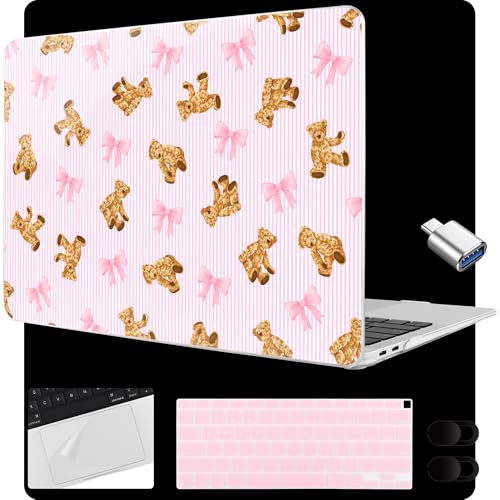 MEEgoodo for MacBook Air 13.3 inch Case 2021 2020 2019 2018 A2337 M1 A2179 A1932, Laptop Shell for MacBook Air M1 with Keyboard Webcam Cover & Trackpad Film & Type C Adapter, Bear&Cute Ribbon - color: Bear&Cute Ribbon
