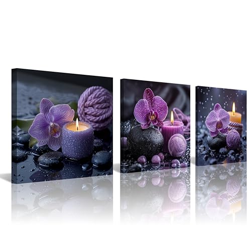 NAN Wind 3PCS Purple Orchid Candle Canvas Wall Art Zen Spa Decor Black Stones Water Droplets Relaxing Purple Aesthetic Tranquil Meditation Artwork for Bedrooms Living Rooms Bathrooms Wellness Spaces - color: Purple Orchid Candle, size: 12X12inchX3pcs