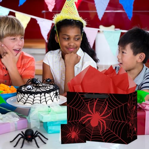Hooqict Spider Gift Bag Birthday Gift Wrapping Bag with Handles, Tissue Paper, Greeting Card for Kids Boys Men Spider Web Birthday Party Favors Goodie Candy Treat Box - color: Black Spider