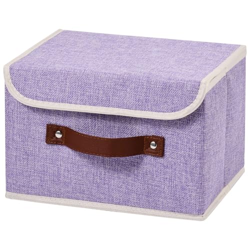 Storage Boxes with Lid Cotton Linen Fabric Storage Bins Organizer Container Decorative Collapsible Washable Shelf Baskets Faux Leather Handles for Home Bedroom Closet (Purple, Small) - color: Purple, size: Small (Set of 1)