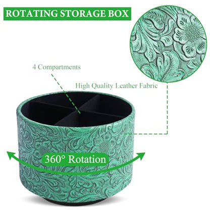 lizimandu Round Leather Art Supply Organizer,Remote Control Holder,360 Degree Spinning,Multi-Functional Pencil Holder,4 Compartments Desktop Stationary Organizer(1-Carved Green) - color: 1-Carved Green