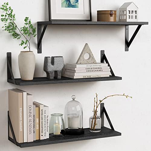 Forbena Large Floating Shelves for Wall 24 Inch Long Set of 3, 8 in Deep Wall Bookshelf for Bedroom Living Room, Wooden Heavy Duty Hanging Book Shelves for Office Kitchen Closet Storage (Black) - color: Black, size: 24 x 8 Inch