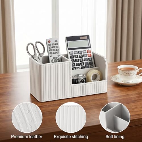 Desk Pen Organizer, PU Leather Desk Organizer with White Stripe, Small Desks Organizers for Office Supplies, Pen Holder for Desks, Pencil Holder, Night Stand Organizers, 8.26"L x 3.93"W x 4.3"H