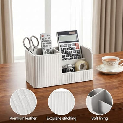 Desk Pen Organizer, PU Leather Desk Organizer with White Stripe, Small Desks Organizers for Office Supplies, Pen Holder for Desks, Pencil Holder, Night Stand Organizers, 8.26"L x 3.93"W x 4.3"H