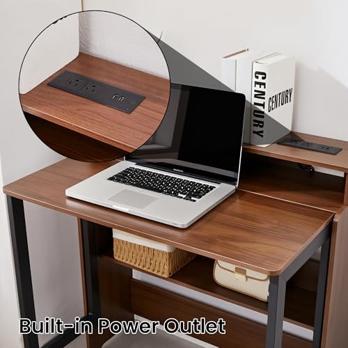 Fold Out Desk with Charging Station, Folding Desk with Monitor Stand,Storage Shelf,Small Foldable Desk for Compact Home Office Spaces - color: Walnut
