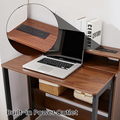 Fold Out Desk with Charging Station, Folding Desk with Monitor Stand,Storage Shelf,Small Foldable Desk for Compact Home Office Spaces - color: Walnut