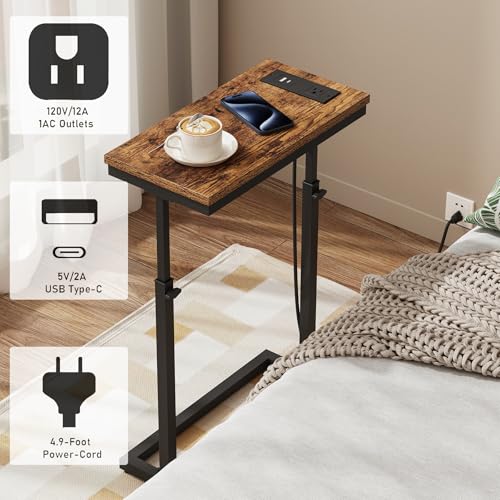 TUTOTAK End Table with Charging Station, Side Table, Tall Couch Table, Sofa Table, Living Room, Bedroom,Brown TB01BB084 - color: Brown, size: 1 Pack, style: With Plug