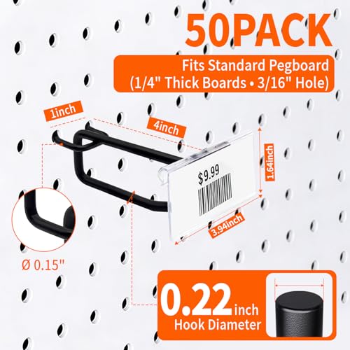 50 Pcs 4 Inch Pegboard Hooks with Label Holder for 1/4" Pegboard, Black Metal Hooks with Price Tag Slot, Board Wall Accessories for Garage, Retail & Home Organization - size: 4inch-50pcs
