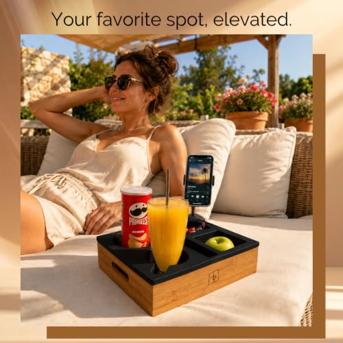 Couch Caddy with Cup Holder | Wood Couch Cup Holder Tray for Drinks, Snacks & Remotes | Sofa Couch Organizer with Phone & Cup Holder Tray (Black) - color: Black