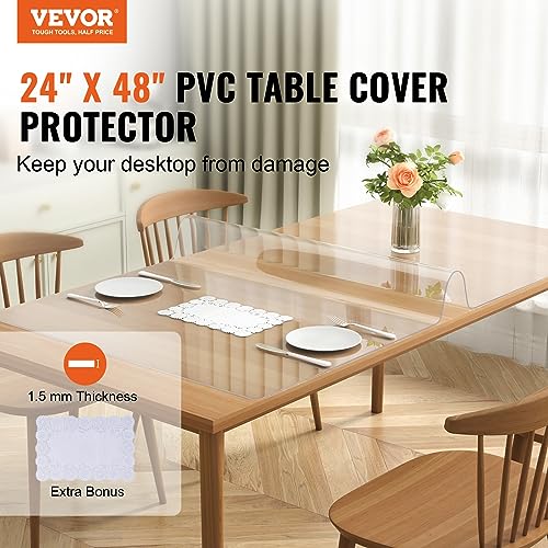 VEVOR Clear Table Cover Protector, 24" x 48"/613 x 1230.2 mm Table Cover, 1.5 mm Thick PVC Plastic Tablecloth, Waterproof Desktop Protector for Writing Desk, Coffee Table, Dining Room Table - size: 48" x 24" (Rectangular)