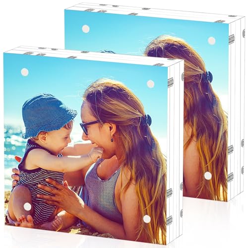 HELPLEX 2 Pack 8x8 Acrylic Picture Frames, 24mm Thicker Square Frameless Clear Frame Double Sided Magnetic Frame, Free Standing Desktop Display Stand Acrylic Frames - size: 8x8(2 PACK)