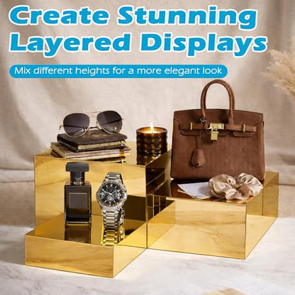 4Pcs Acrylic Risers Display Stands, Food Risers for Buffet Table, Acrylic Cube Mirror Risers for Catering Dessert, Jewelry Collectibles Party, Gold - color: Gold