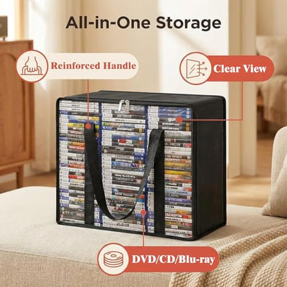 DVD Blu ray Storage Bag 3 Pack, Hold 210 DVDs or 270 Blu-Rays, Clear Easy Find Media Organizer with Reinforced Handle for Video Games, Movies, VHS Tapes - size: 3 * Regular Bags