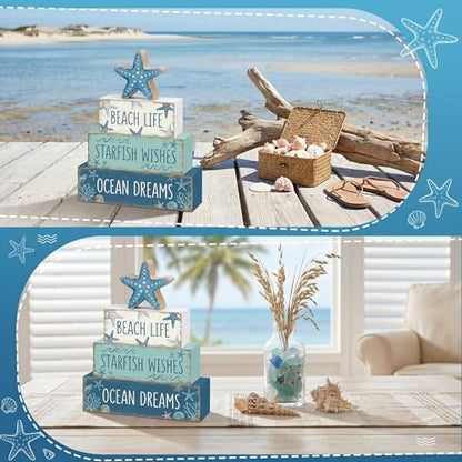 4 Pcs Summer Starfish Bathroom Table Decor Ocean Beach Tiered Tray Decor Blue Coastal Wooden Signs Shelf Sitter Sea Wishes Table Centerpieces for Home Kitchen Office Decorations - style: Starfish