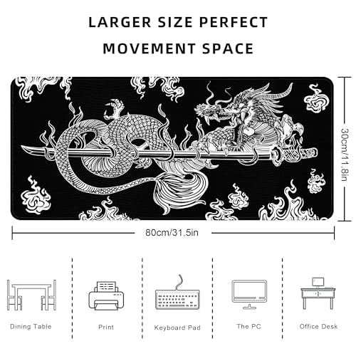 Japanese Dragon Large Gaming Mouse Pad for Desk, Black Mouse Pad Gaming Mouse Mat Desk Pad, Non-Slip Base Computer Pad Keyboard Mat, 31.5x11.8in XL Mousepad with Stitched Edge for Home Office - color: Japanese Dragon
